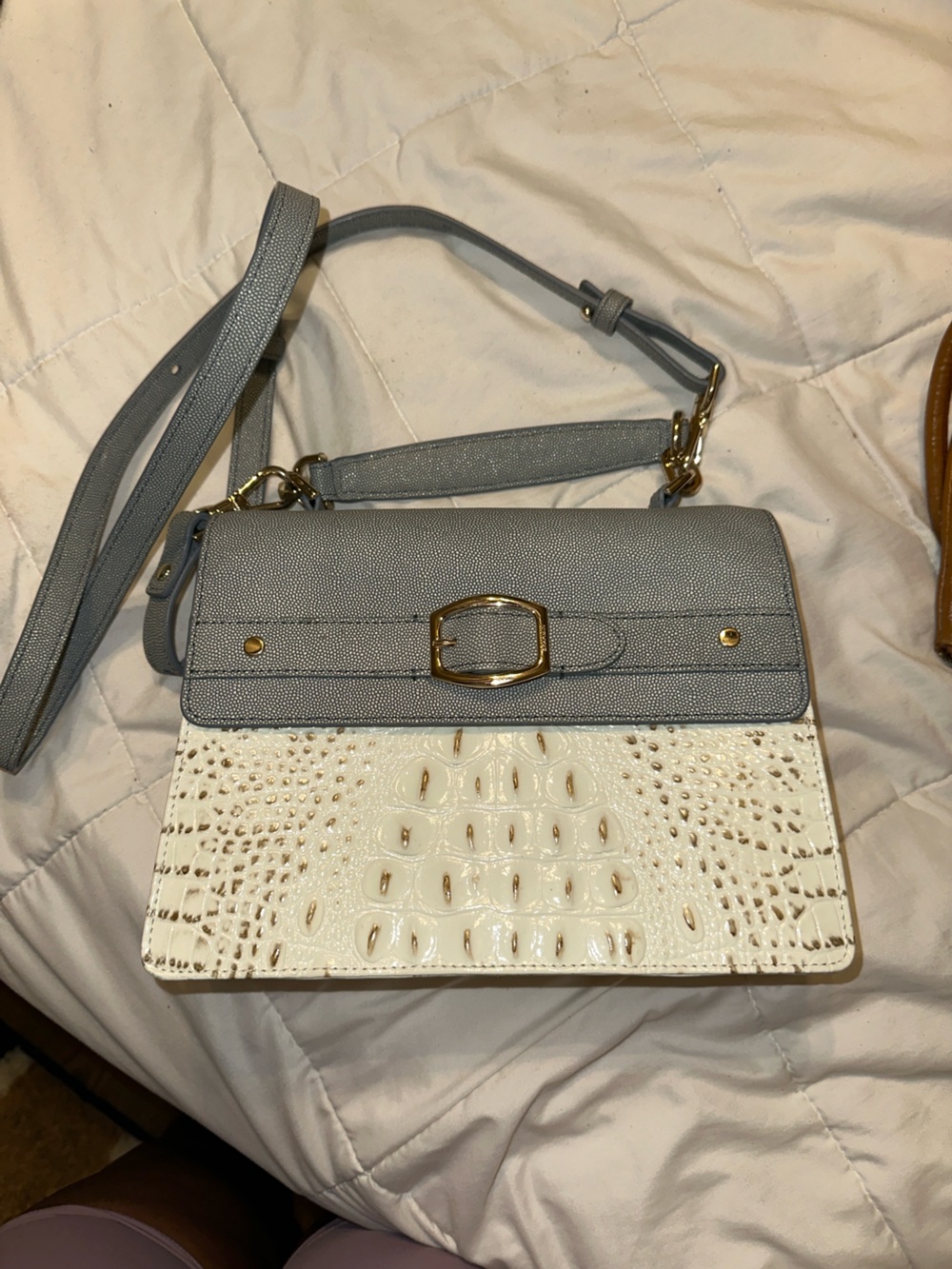 Brahmin Gray and White Croc-Accent Crossbody Bag with Gold Hardware
